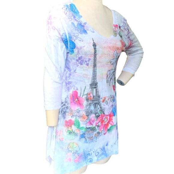 CACTUS Eiffel Tower Floral Embellished Tunic Top Sz M 95D - Picture 4 of 9